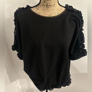 M. Patmos Black Sheer Keyhole Linen Back Ruffle & Leather Trim Top, Large